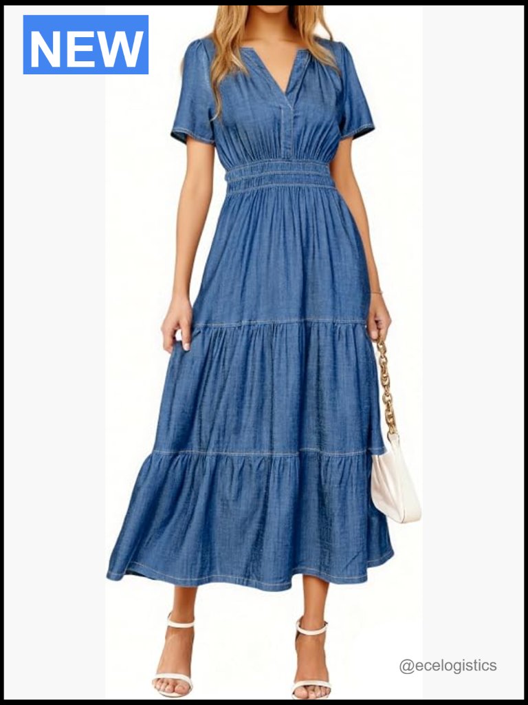 Flutter Sleeve V-Neck Denim Maxi Dress With Pockets